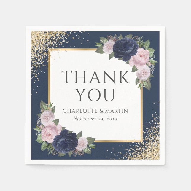 Navy Blue Blush Pink Gold Floral Wedding Napkins (Front)