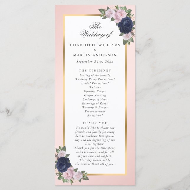 Navy Blue Blush Pink Gold Floral Wedding Program (Front)