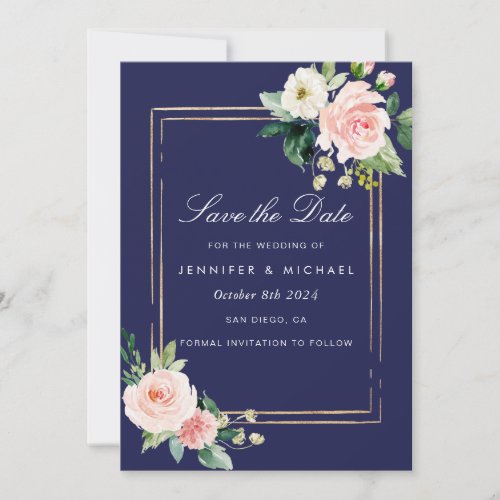 Navy Blue Blush Pink Gold Save the Date Invitation