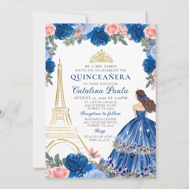 Navy Blue Blush Pink Gold Tiara Paris Quinceañera Invitation (Front)