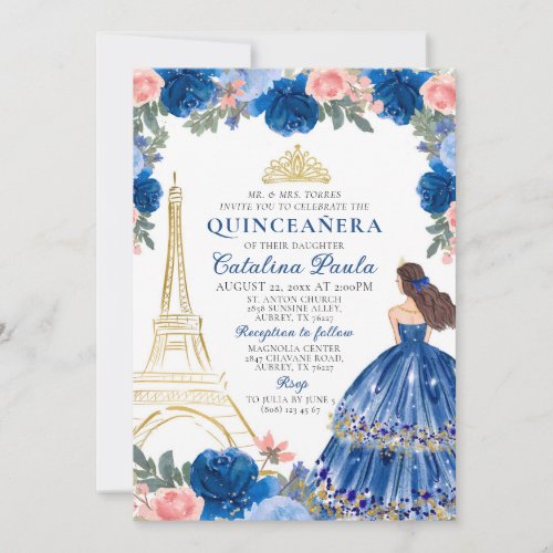 Navy Blue Blush Pink Gold Tiara Paris Quinceaera Invitation