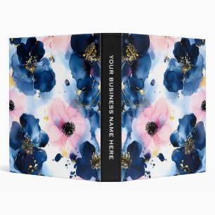 Navy Blue Blush Pink Gold Watercolor Floral 3 Ring Binder
