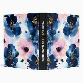 Navy Blue Blush Pink Gold Watercolor Floral 3 Ring Binder