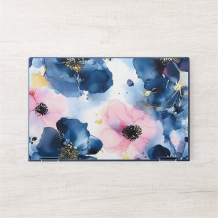 Navy Blue Blush Pink Gold Watercolor Floral HP Laptop Skin