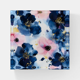 Navy Blue Blush Pink Gold Watercolor Floral Paperweight