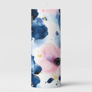 Navy Blue Blush Pink Gold  Watercolor Floral Pillar Candle