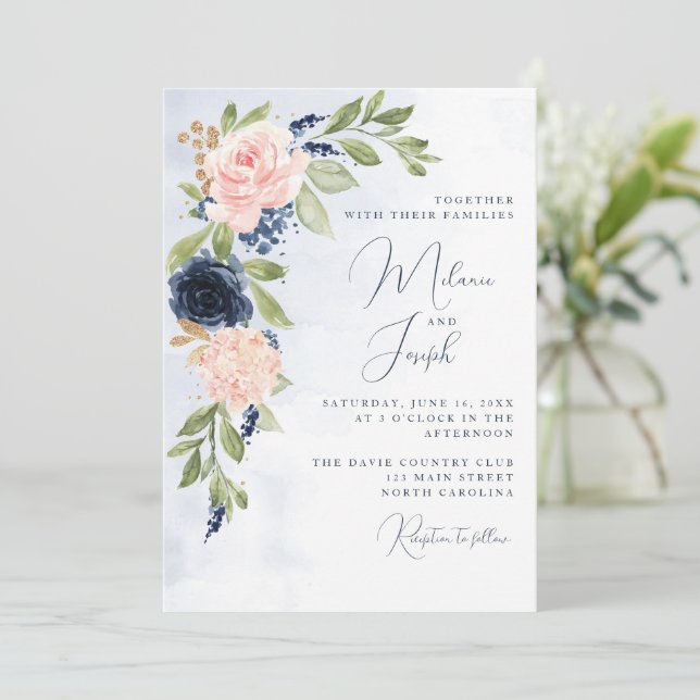 Navy Blue Blush Pink Gold Wedding Invitation (Standing Front)