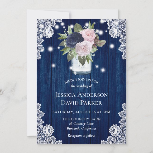 Navy Blue Blush Pink Lace Mason Jar Wedding Invitation (Front)