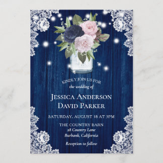 Navy Blue Blush Pink Lace Mason Jar Wedding Invitation
