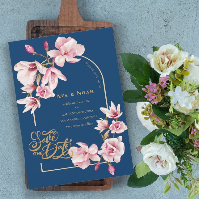 Navy Blue Blush Pink Magnolia Floral Save the Date Invitation (Navy Blue Blush Pink Magnolia Floral Save the Date Invitation)