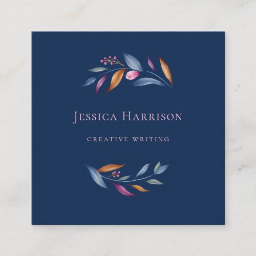 Navy Blue Blush Pink Minimalist Floral Watercolor Square Business Card