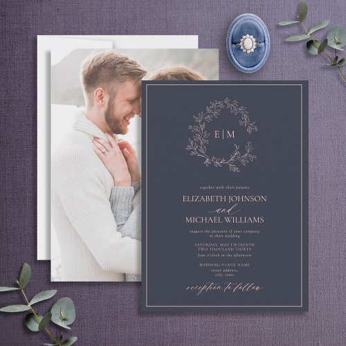 Navy Blue Blush Pink Monogram Photo Wedding Invitation