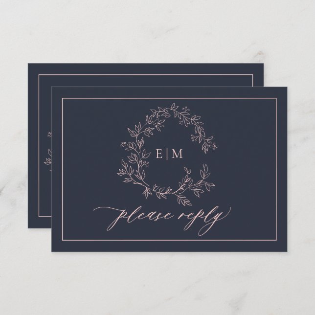 Navy Blue Blush Pink Monogram Wedding RSVP Card (Front/Back)
