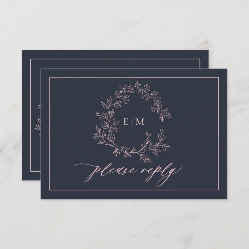 Navy Blue Blush Pink Monogram Wedding RSVP Card