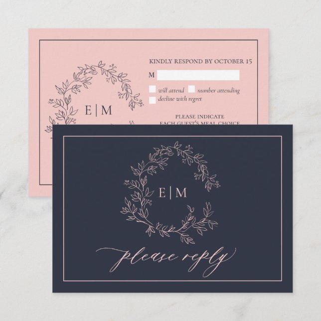 Navy Blue Blush Pink Monogram Wedding RSVP Card (Front/Back)