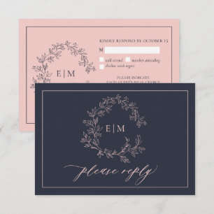 Navy Blue Blush Pink Monogram Wedding RSVP Card