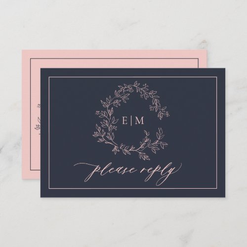 Navy Blue Blush Pink Monogram Wedding RSVP Card