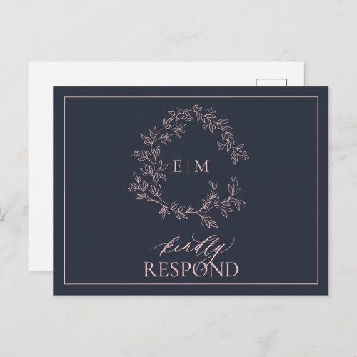 Navy Blue Blush Pink Monogram Wedding RSVP Invitation Postcard