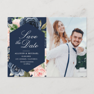 navy blue & blush pink photo save the date postcard