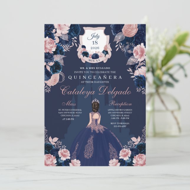 Navy Blue & Blush Pink Princess Castle Quinceañera Invitation (Standing Front)