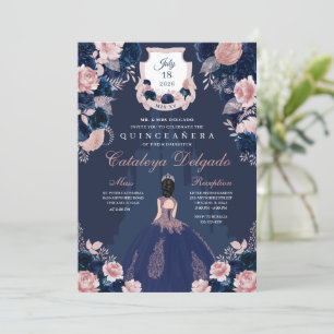 Navy Blue & Blush Pink Princess Castle Quinceañera Invitation