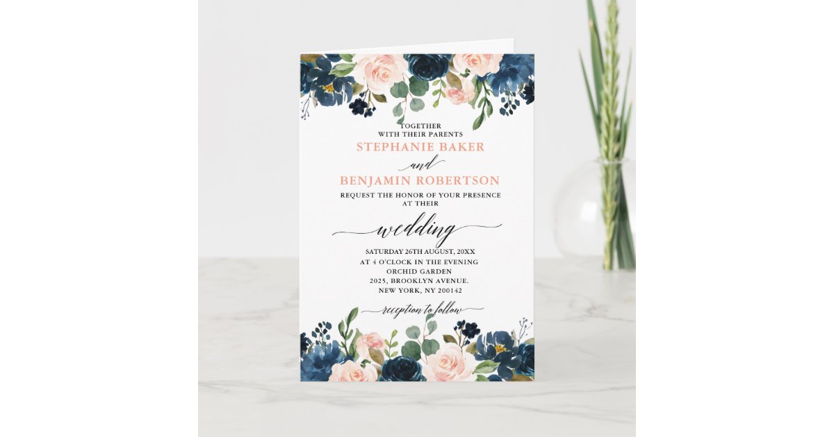 Navy Blue Blush Pink Rose Boho All in one Wedding Invitation | Zazzle
