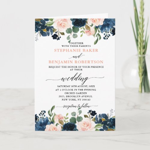 Navy Blue Blush Pink Rose Boho All in one Wedding Invitation