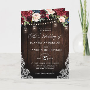 Navy Blue Blush Pink Rose Boho All in one Wedding Invitation