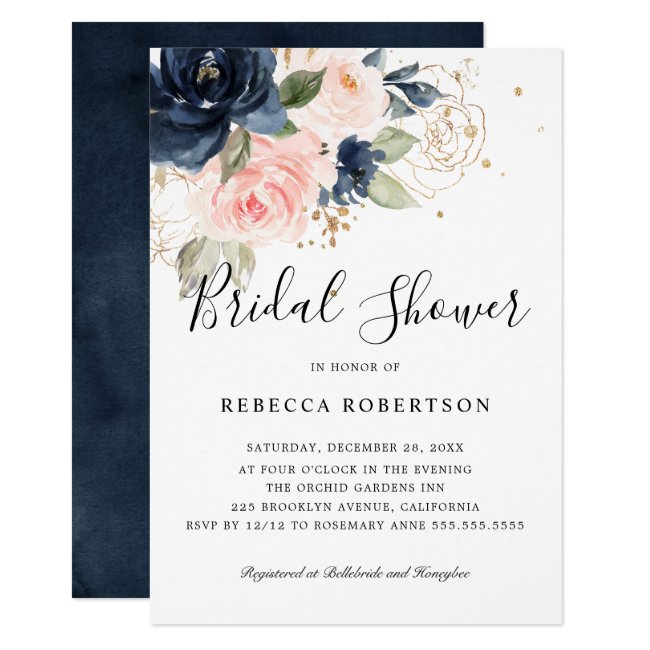 Navy Blue Blush Pink Rose Boho Bridal Shower Invitation