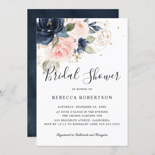 Navy Blue Blush Pink Rose Boho Bridal Shower Invitation