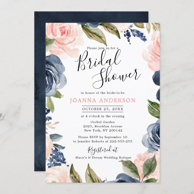 Navy Blue Blush Pink Rose Boho Bridal Shower Invitation