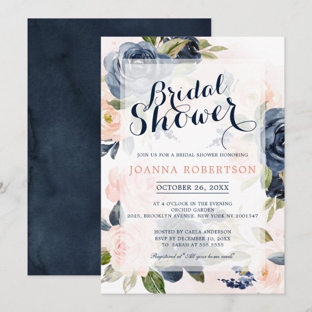 Navy Blue Blush Pink Rose Boho Bridal Shower Invitation (Front/Back)