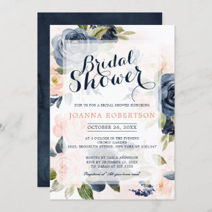 Navy Blue Blush Pink Rose Boho Bridal Shower Invitation