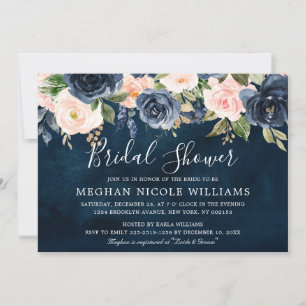 Navy Blue Blush Pink Rose Boho Bridal Shower Invitation