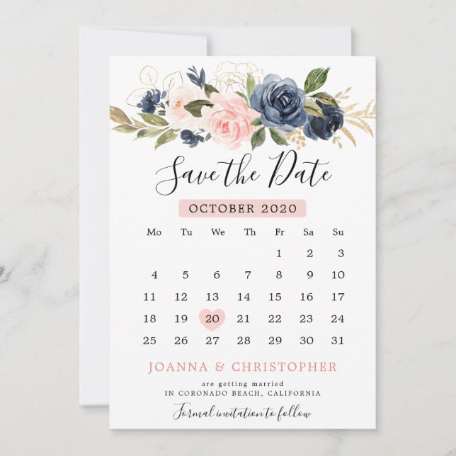 Navy Blue Blush Pink Rose Boho Calendar Save The Date (Front)