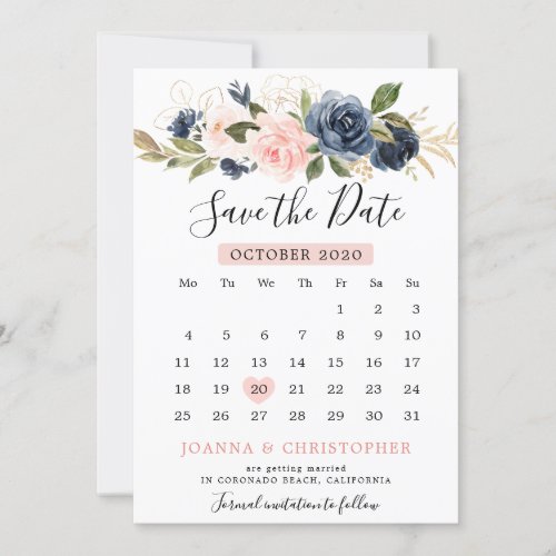 Navy Blue Blush Pink Rose Boho Calendar Save The Date