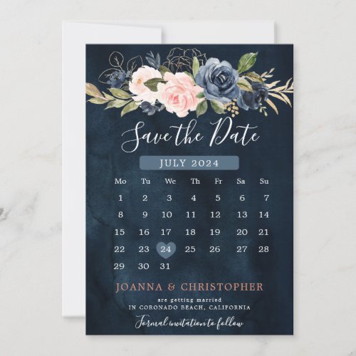 Navy Blue Blush Pink Rose Boho Calendar Save The Date