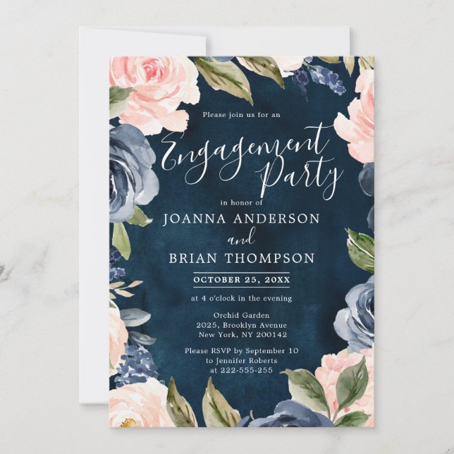 Navy Blue Blush Pink Rose Boho Engagement Party Invitation (Front)