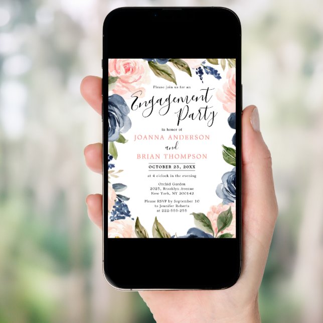 Navy Blue Blush Pink Rose Boho Engagement Party Invitation (Front Digital)