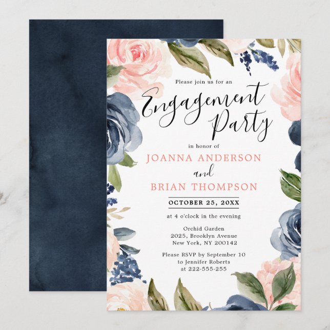 Navy Blue Blush Pink Rose Boho Engagement Party Invitation (Front/Back)