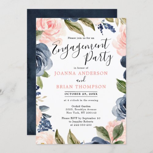 Navy Blue Blush Pink Rose Boho Engagement Party Invitation