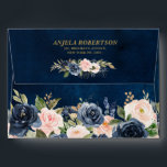 Navy Blue Blush Pink Rose Boho Floral Wedding Envelope<br><div class="desc">Watercolor Navy Blue Blush Pink Rose Floral Rustic Boho Wedding Return address envelope. Perfect for a fall wedding. The design features a stunning bouquet of navy blue , peach , blush pink flowers / roses with matching leaves. Please find more matching designs and variations in my "blissweddingpaperie" store. And feel...</div>