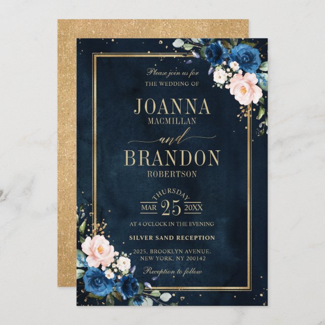 Navy Blue Blush Pink Rose Boho Geometric Wedding Invitation (Front/Back)