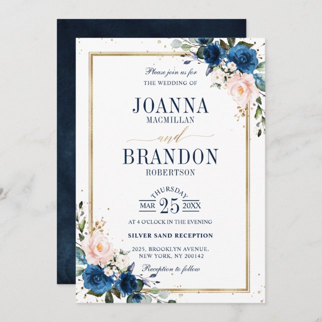 Navy Blue Blush Pink Rose Boho Geometric Wedding Invitation (Front/Back)