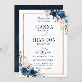 Navy Blue Blush Pink Rose Boho Geometric Wedding Invitation