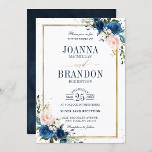 Navy Blue Blush Pink Rose Boho Geometric Wedding Invitation