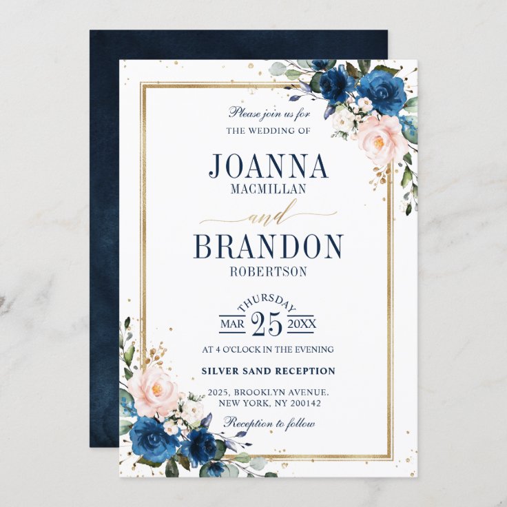 Navy Blue Blush Pink Rose Boho Geometric Wedding Invitation Zazzle