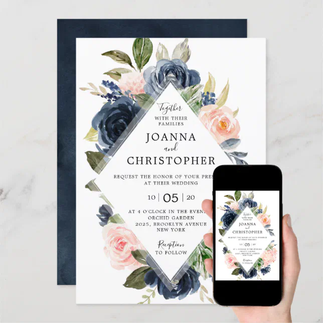 Navy Blue Blush Pink Rose Boho Geometric Wedding Invitation Zazzle