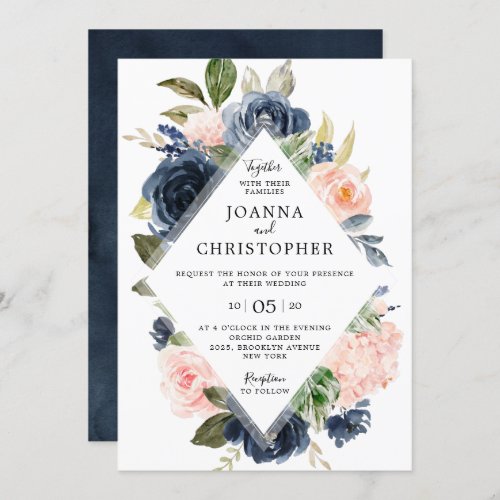 Navy Blue Blush Pink Rose Boho Geometric Wedding Invitation