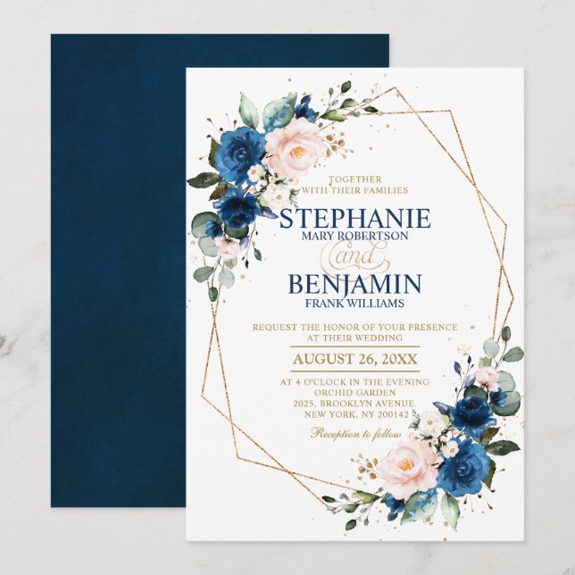 Navy Blue Blush Pink Rose Boho Geometric Wedding Invitation (Front/Back)